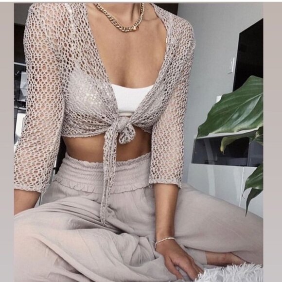 Hearts of Palm Top L Black Crochet Tie Front 3/4 Sleeves Beach Cover Up - Picture 3 of 8